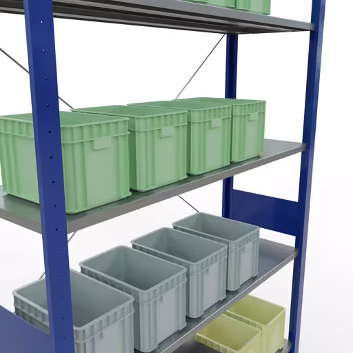 Produktbild Nr.8 des Artikels Grundregal, Fachbodenregal Stecksystem MULTIplus150, 3000 x 1300 x 400 mm (HxBxT), 7 Fachböden, Kreuzstrebe, RAL 5010 enzianblau/verzinkt aus der Produktreihe Stecksystem von der Marke Schulte Lagertechnik