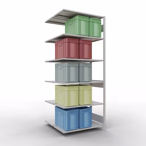 Anbauregal, Doppelregal, Fachbodenregal Stecksystem MULTIplus150, 2500 x 1000 x (2x500) mm (HxBxT), 2x6 Fachböden, Längenriegel, RAL 7035 lichtgrau von Schulte Lagertechnik mit der Artikelnr. 33156