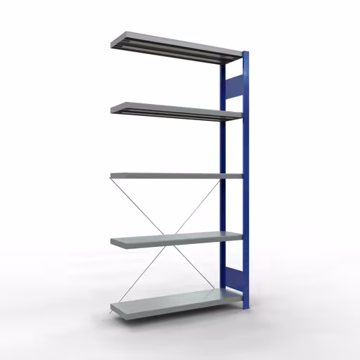 Anbauregal, Fachbodenregal Stecksystem MULTIplus330, 2000 x 1000 x 300 mm (HxBxT), 5 Fachböden, Kreuzstrebe, RAL 5010 enzianblau/verzinkt aus der Kategorie Anbauregal mit der Artikelnummer 13935-B