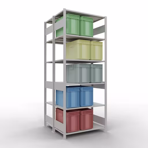 Grundregal, Doppelregal, Fachbodenregal Stecksystem MULTIplus150, 2500 x 1000 x (2x500) mm (HxBxT), 2x6 Fachböden, Längenriegel, RAL 7035 lichtgrau von Schulte Lagertechnik aus der Kategorie Fachbodenregale