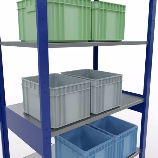 Andere Ansicht des Artikels Grundregal, Fachbodenregal Stecksystem MULTIplus150, 2500 x 1000 x 600 mm (HxBxT), 6 Fachböden, Kreuzstrebe, RAL 5010/verzinkt aus der Kategorie Stecksystem