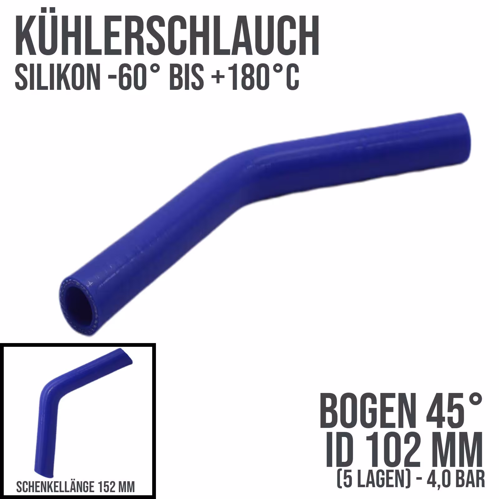 102 x 112 mm Kühlerschlauch Silikon Bogen 45° LLK Ladeluft Kühlmittel Schlauch blau (4,0 bar) - 152 mm aus der Kategorie Kühlwasserschläuche mit der Artikelnummer KSB102-045-152GA