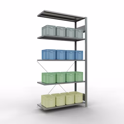 Anbauregal, Fachbodenregal Stecksystem MULTIplus150, 2000 x 1000 x 400 mm (HxBxT), 5 Fachböden, Kreuzstrebe, verzinkt - Expressline mit der GTIN 4058255068609 Anbauregal, Fachbodenregal Stecksystem MULTIplus150, 2000 x 1000 x 400 mm (HxBxT), 5 Fachböden, Kreuzstrebe, verzinkt - Expressline von Schulte Lagertechnik mit der Artikelnr. 12745-K