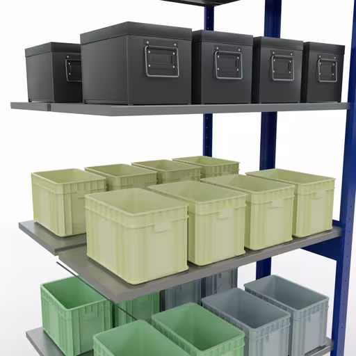 Anbauregal, Doppelregal, Fachbodenregal Stecksystem MULTIplus150, 2500 x 1000 x (2x400) mm (HxBxT), 2x6 Fachböden, Kreuzstrebe, RAL 5010 enzianblau von der Marke Schulte Lagertechnik aus der Produktreihe Fachbodenregale