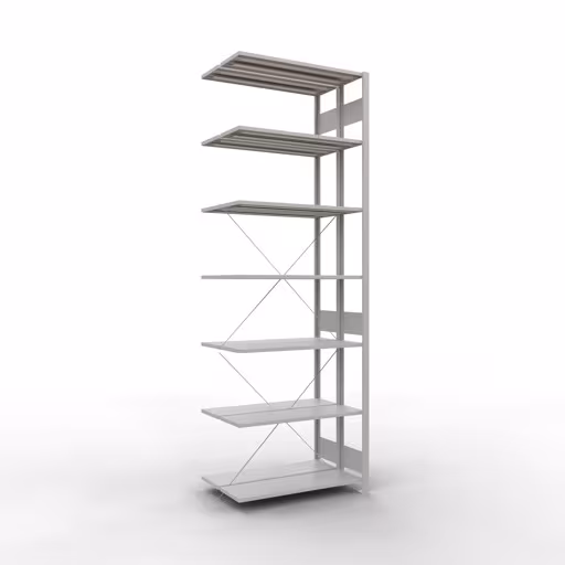 Anbauregal, Doppelregal, Fachbodenregal Stecksystem MULTIplus150, 3000 x 1000 x (2x600) mm (HxBxT), 2x7 Fachböden, Kreuzstrebe, RAL 7035 lichtgrau aus der Kategorie Doppelregale mit der Artikelnummer 32737