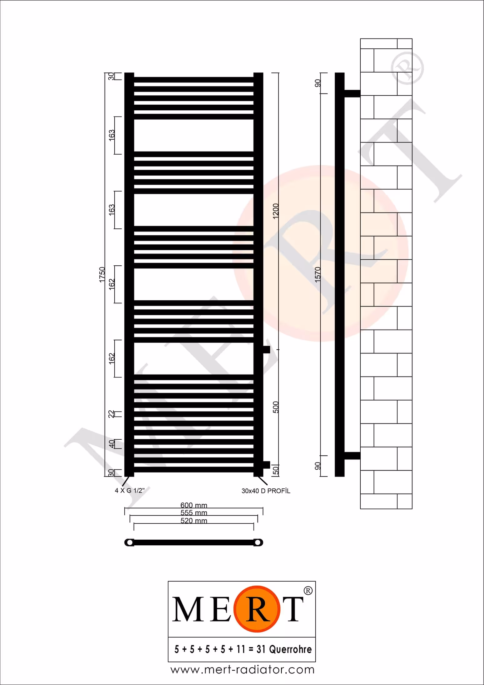 MERT Austausch Badheizkörper weiß gerade, 600*1750 mm, Anschluss an der Seite 500 mm von MERT mit der Artikelnr. 1-60x175-ASR-50