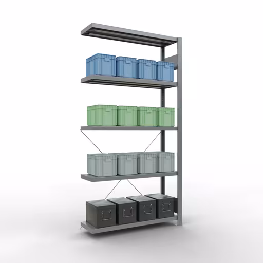 Zusatzbild des Artikels Anbauregal, Fachbodenregal Stecksystem MULTIplus250, 2000 x 1000 x 300 mm (HxBxT), 5 Fachböden, Kreuzstrebe, verzinkt aus Anbauregal