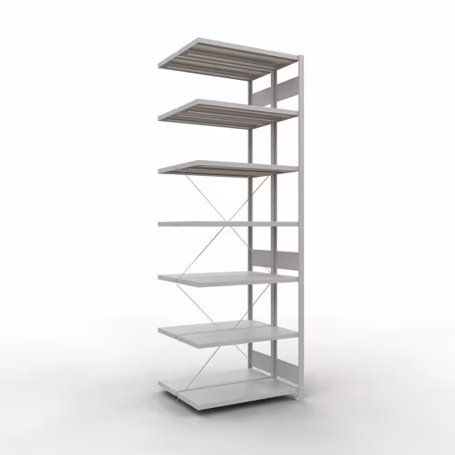 Anbauregal, Doppelregal, Fachbodenregal Stecksystem MULTIplus250, 3000 x 1000 x (2x400) mm (HxBxT), 2x7 Fachböden, Kreuzstrebe, RAL 7035 lichtgrau aus der Kategorie Doppelregale mit der Artikelnummer 32147-A