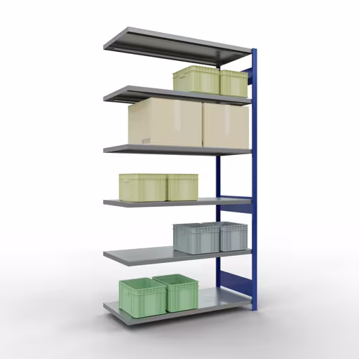 Abbildung Nr 12 des Artikels Anbauregal, Fachbodenregal Stecksystem MULTIplus250, 2500 x 1300 x 600 mm (HxBxT), 6 Fachböden, Längenriegel, RAL 5010 enzianblau/verzinkt aus der Produktgruppe Stecksystem von der Marke Schulte Lagertechnik