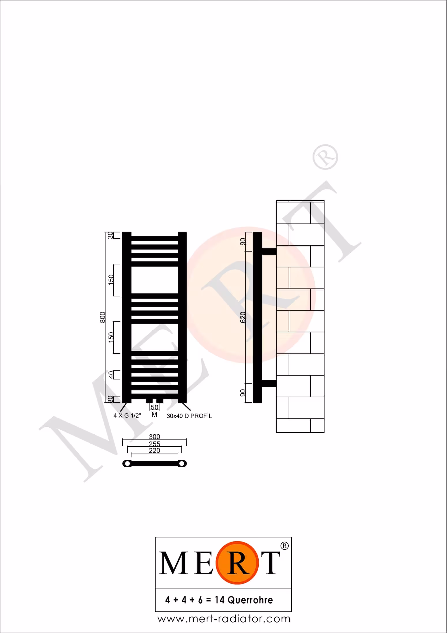 MERT Badheizkörper weiß gerade, 300*800 mm, Mittelanschluss von der Marke MERT aus der Kategorie Heizkörper