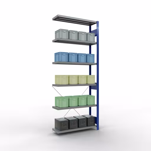 Abbildung Nr 12 des Artikels Anbauregal, Fachbodenregal Stecksystem MULTIplus330, 2500 x 1000 x 300 mm (HxBxT), 6 Fachböden, Kreuzstrebe, RAL 5010 enzianblau/verzinkt aus der Produktgruppe Stecksystem von der Marke Schulte Lagertechnik