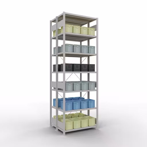 Grundregal, Doppelregal, Fachbodenregal Stecksystem MULTIplus250, 3000 x 1000 x (2x400) mm (HxBxT), 2x7 Fachböden, Kreuzstrebe, RAL 7035 lichtgrau von der Marke Schulte Lagertechnik aus der Produktreihe Fachbodenregale