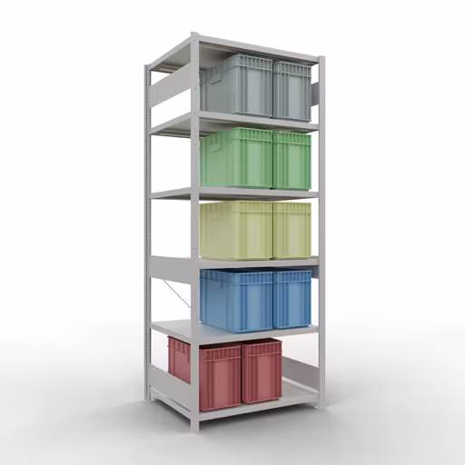 Grundregal, Fachbodenregal Stecksystem MULTIplus330, 2500 x 1000 x 800 mm (HxBxT), 6 Fachböden, Kreuzstrebe, RAL 7035 lichtgrau aus der Kategorie Grundregal mit der GTIN 4004514222725 Grundregal, Fachbodenregal Stecksystem MULTIplus330, 2500 x 1000 x 800 mm (HxBxT), 6 Fachböden, Kreuzstrebe, RAL 7035 lichtgrau von der Marke Schulte Lagertechnik aus der Produktreihe Stecksystem