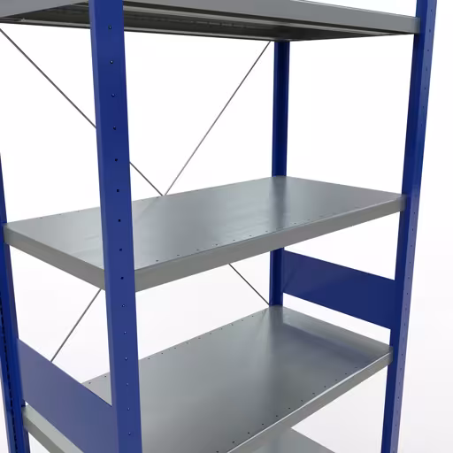 Zusatzbild des Artikels Grundregal, Fachbodenregal Stecksystem MULTIplus250, 3000 x 1000 x 500 mm (HxBxT), 7 Fachböden, Kreuzstrebe, RAL 5010 enzianblau/verzinkt aus Grundregal