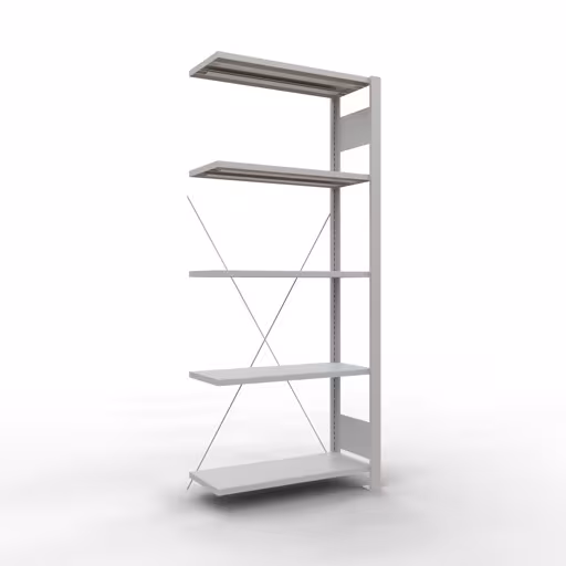 Anbauregal, Büro-Fachbodenregal Stecksystem MULTIplus85, 1800 x 750 x 300 mm (HxBxT), 5 Fachböden, Kreuzstrebe, ohne Anschlagleiste, lichtgrau von der Marke Schulte Lagertechnik Anbauregal, Büro-Fachbodenregal Stecksystem MULTIplus85, 1800 x 750 x 300 mm (HxBxT), 5 Fachböden, Kreuzstrebe, ohne Anschlagleiste, lichtgrau aus der Kategorie Stecksystem mit der Artikelnummer 36021