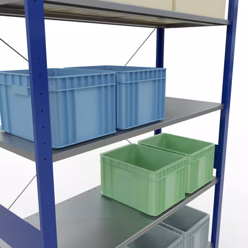 Andere Ansicht des Artikels Grundregal, Fachbodenregal Stecksystem MULTIplus150, 3000 x 1300 x 500 mm (HxBxT), 7 Fachböden, Kreuzstrebe, RAL 5010 enzianblau/verzinkt aus der Kategorie Stecksystem