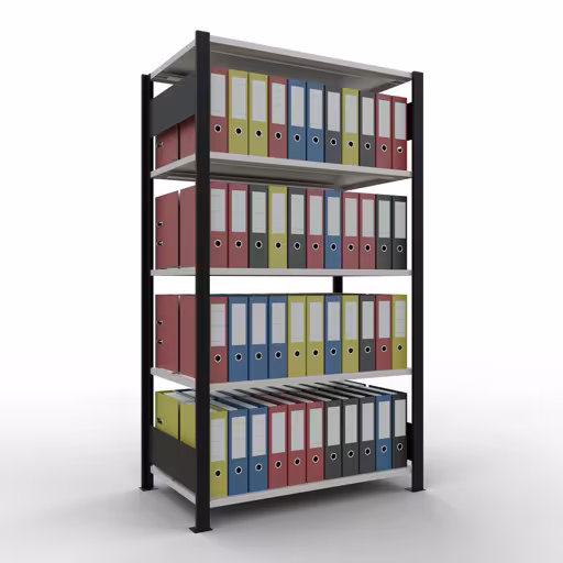 Produktbild Nr 14 des Artikels Grundregal, Büro-Fachbodenregal Stecksystem MULTIplus150, 1800 x 1000 x 600 mm (HxBxT), 5 Fachböden, Längenriegel, mit Mittelanschlag, schwarz/lichtgrau Abbildung Nr 14 des Artikels Grundregal, Büro-Fachbodenregal Stecksystem MULTIplus150, 1800 x 1000 x 600 mm (HxBxT), 5 Fachböden, Längenriegel, mit Mittelanschlag, schwarz/lichtgrau aus der Produktgruppe Büroregale von der Marke Schulte Lagertechnik