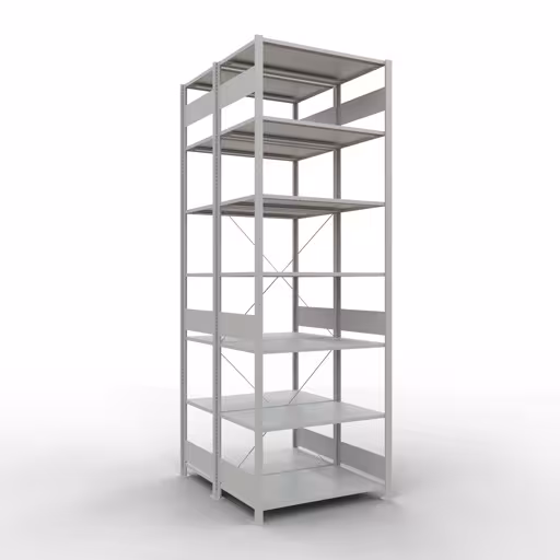 Grundregal, Doppelregal, Fachbodenregal Stecksystem MULTIplus150, 3000 x 1000 x (2x1200) mm (HxBxT), 2x7 Fachböden, Kreuzstrebe, RAL 7035 lichtgrau aus der Kategorie Doppelregale mit der Artikelnummer 32762