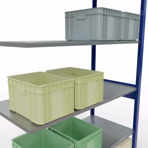 Zusatzbild des Artikels Anbauregal, Fachbodenregal Stecksystem MULTIplus150, 2500 x 1300 x 600 mm (HxBxT), 6 Fachböden, Längenriegel, RAL 5010 enzianblau/verzinkt aus Anbauregal
