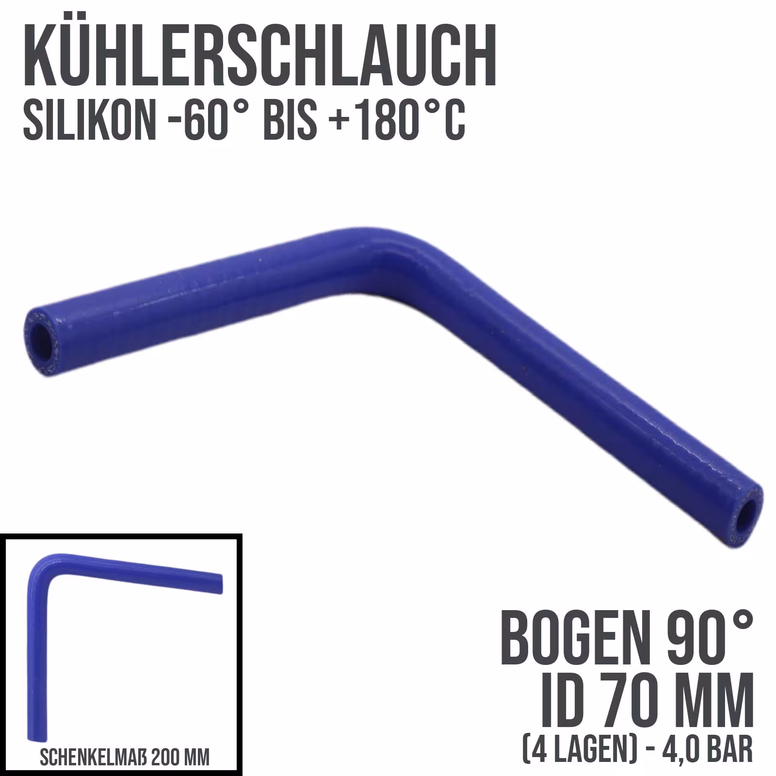 70 x 80 mm Kühlerschlauch Silikon Bogen 90° LLK Ladeluft Kühlmittel Schlauch blau (4,0 bar) - 200mm aus der Kategorie Kühlwasserschläuche mit der Artikelnummer KSB070-090-200GA
