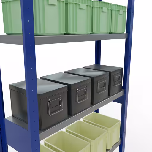 Produktbild Nr.8 des Artikels Grundregal, Fachbodenregal Stecksystem MULTIplus250, 2500 x 1000 x 300 mm (HxBxT), 6 Fachböden, Kreuzstrebe, RAL 5010 enzianblau/verzinkt aus der Produktreihe Stecksystem von der Marke Schulte Lagertechnik