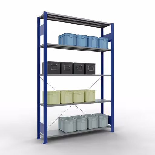 Zusatzbild des Artikels Grundregal, Fachbodenregal Stecksystem MULTIplus150, 2000 x 1300 x 300 mm (HxBxT), 5 Fachböden, Kreuzstrebe, RAL 5010 enzianblau/verzinkt Zusatzbild des Artikels Grundregal, Fachbodenregal Stecksystem MULTIplus150, 2000 x 1300 x 300 mm (HxBxT), 5 Fachböden, Kreuzstrebe, RAL 5010 enzianblau/verzinkt aus Grundregal