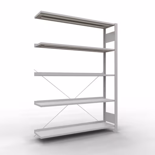 Anbauregal, Büro-Fachbodenregal Stecksystem MULTIplus85, 1800 x 1300 x 300 mm (HxBxT), 5 Fachböden, Kreuzstrebe, mit Anschlagleiste, lichtgrau von der Marke Schulte Lagertechnik Anbauregal, Büro-Fachbodenregal Stecksystem MULTIplus85, 1800 x 1300 x 300 mm (HxBxT), 5 Fachböden, Kreuzstrebe, mit Anschlagleiste, lichtgrau aus der Kategorie Stecksystem mit der Artikelnummer 36005