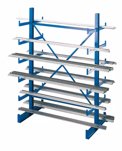 Grundregal, K 1000 Kragarmregal-Set, doppelseitig, 2000 x 1250 x 2x500, RAL 5010 enzianblau aus der Kategorie K1000 für leichte Güter mit der Artikelnummer 14490