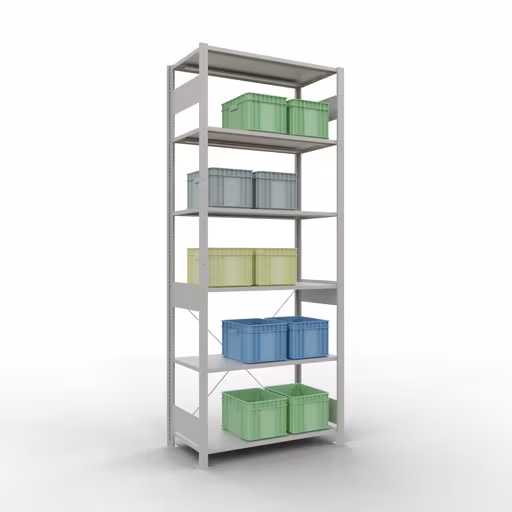 Grundregal, Fachbodenregal Stecksystem MULTIplus150, 2500 x 1000 x 500 mm (HxBxT), 6 Fachböden, Kreuzstrebe, RAL 7035 lichtgrau aus der Kategorie Grundregal mit der GTIN 4004514203748 Grundregal, Fachbodenregal Stecksystem MULTIplus150, 2500 x 1000 x 500 mm (HxBxT), 6 Fachböden, Kreuzstrebe, RAL 7035 lichtgrau von der Marke Schulte Lagertechnik aus der Produktreihe Stecksystem