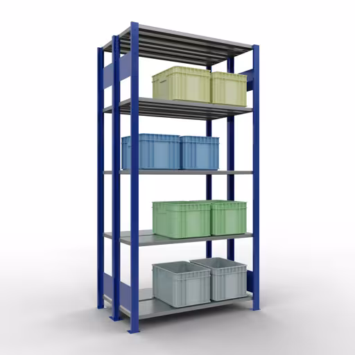 Produktbild Nr.14 des Artikels Grundregal, Doppelregal, Fachbodenregal Stecksystem MULTIplus150, 2000 x 1000 x (2x300) mm (HxBxT), 2x5 Fachböden, Längenriegel, RAL 5010 enzianblau aus der Produktreihe Fachbodenregale von der Marke Schulte Lagertechnik