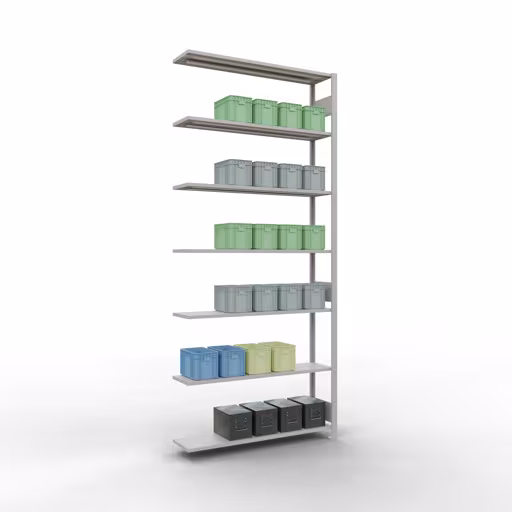 Zusatzbild des Artikels Anbauregal, Fachbodenregal Stecksystem MULTIplus150, 3000 x 1300 x 300 mm (HxBxT), 7 Fachböden, Längenriegel, RAL 7035 lichtgrau aus Anbauregal