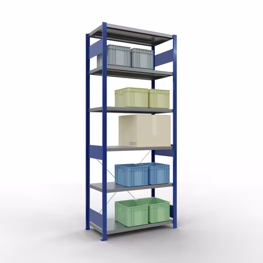 Produktbild Nr.6 des Artikels Grundregal, Fachbodenregal Stecksystem MULTIplus250, 2500 x 1000 x 500 mm (HxBxT), 6 Fachböden, Kreuzstrebe, RAL 5010 enzianblau/verzinkt aus der Produktreihe Stecksystem von der Marke Schulte Lagertechnik