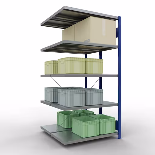 Anbauregal, Doppelregal, Fachbodenregal Stecksystem MULTIplus250, 2000 x 1000 x (2x500) mm (HxBxT), 2x5 Fachböden, Kreuzstrebe, RAL 5010 enzianblau von der Marke Schulte Lagertechnik aus der Produktreihe Fachbodenregale