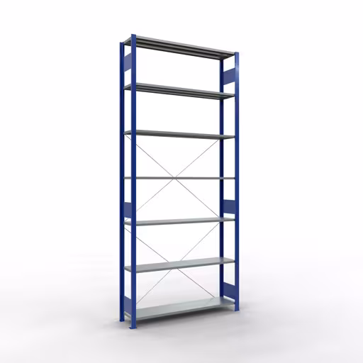 Grundregal, Fachbodenregal Stecksystem MULTIplus150, 3000 x 1300 x 300 mm (HxBxT), 7 Fachböden, Kreuzstrebe, RAL 5010 enzianblau/verzinkt aus der Kategorie Grundregal mit der Artikelnummer 12732-130-B