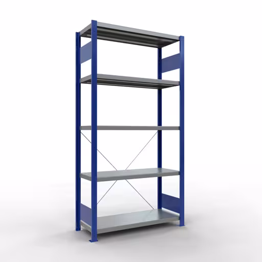 Grundregal, Fachbodenregal Stecksystem MULTIplus330, 2000 x 1000 x 400 mm (HxBxT), 5 Fachböden, Kreuzstrebe, RAL 5010 enzianblau/verzinkt aus der Kategorie Grundregal mit der Artikelnummer 13940-B