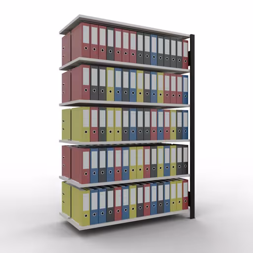 Abbildung Nr 11 des Artikels Anbauregal, Büro-Fachbodenregal Stecksystem MULTIplus150, 2000 x 1300 x 600 mm (HxBxT), 6 Fachböden, Längenriegel, mit Mittelanschlag, schwarz/lichtgrau aus der Produktgruppe Büroregale von der Marke Schulte Lagertechnik