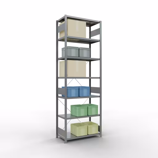 Produktbild Nr.6 des Artikels Grundregal, Fachbodenregal Stecksystem MULTIplus250, 3000 x 1000 x 500 mm (HxBxT), 7 Fachböden, Kreuzstrebe, verzinkt aus der Produktreihe Stecksystem von der Marke Schulte Lagertechnik