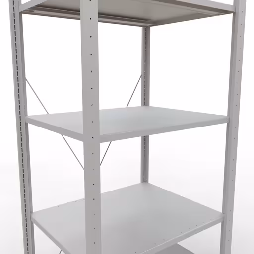 Grundregal, Fachbodenregal Stecksystem MULTIplus150, 2000 x 750 x 600 mm (HxBxT), 5 Fachböden, Kreuzstrebe, RAL 7035 lichtgrau mit der GTIN 4004514205407 Grundregal, Fachbodenregal Stecksystem MULTIplus150, 2000 x 750 x 600 mm (HxBxT), 5 Fachböden, Kreuzstrebe, RAL 7035 lichtgrau von Schulte Lagertechnik mit der Artikelnr. 32660-75