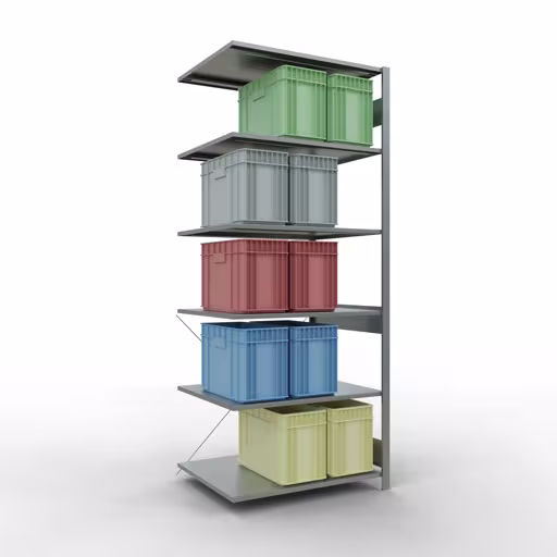 Produktbild Nr 13 des Artikels Anbauregal, Fachbodenregal Stecksystem MULTIplus150, 2500 x 1000 x 800 mm (HxBxT), 6 Fachböden, Kreuzstrebe, verzinkt Abbildung Nr 13 des Artikels Anbauregal, Fachbodenregal Stecksystem MULTIplus150, 2500 x 1000 x 800 mm (HxBxT), 6 Fachböden, Kreuzstrebe, verzinkt aus der Produktgruppe Stecksystem von der Marke Schulte Lagertechnik