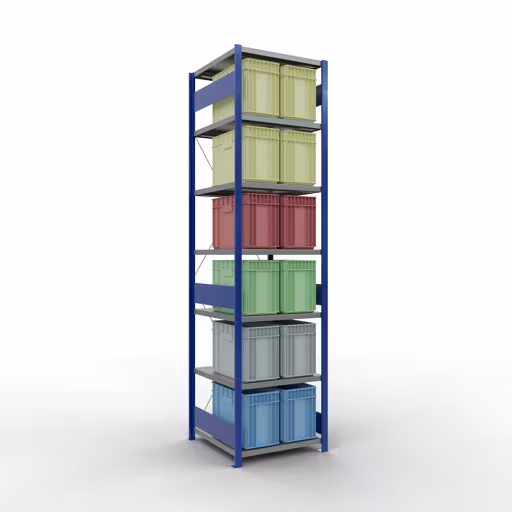 Grundregal, Fachbodenregal Stecksystem MULTIplus250, 3000 x 750 x 800 mm (HxBxT), 7 Fachböden, Kreuzstrebe, RAL 5010 enzianblau/verzinkt/verzinkt von der Marke Schulte Lagertechnik aus der Produktreihe Stecksystem