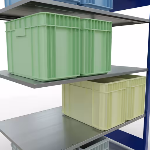 Produktbild Nr.7 des Artikels Anbauregal, Fachbodenregal Stecksystem MULTIplus150, 2000 x 1300 x 800 mm (HxBxT), 5 Fachböden, Längenriegel, RAL 5010 enzianblau/verzinkt aus der Produktreihe Stecksystem von der Marke Schulte Lagertechnik