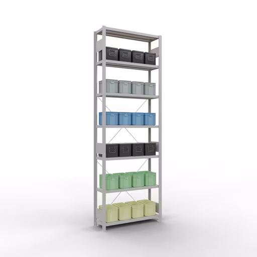 Abbildung Nr 14 des Artikels Grundregal, Fachbodenregal Stecksystem MULTIplus330, 3000 x 1000 x 300 mm (HxBxT), 7 Fachböden, Kreuzstrebe, RAL 7035 lichtgrau aus der Produktgruppe Stecksystem von der Marke Schulte Lagertechnik