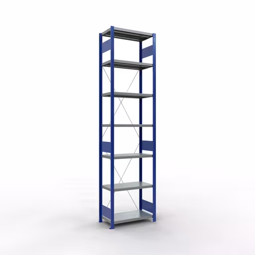 Grundregal, Fachbodenregal Stecksystem MULTIplus250, 3000 x 750 x 400 mm (HxBxT), 7 Fachböden, Kreuzstrebe, RAL 5010 enzianblau/verzinkt/verzinkt aus der Kategorie Grundregal mit der Artikelnummer 12942-75-B