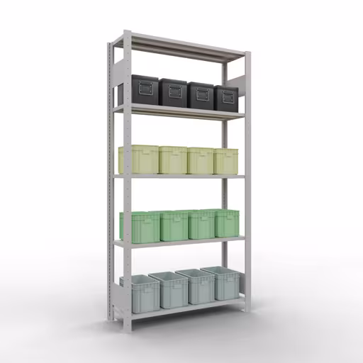 Grundregal, Fachbodenregal Stecksystem MULTIplus85, 2000 x 1000 x 300 mm (HxBxT), 5 Fachböden, Längenriegel, RAL 7035 lichtgrau aus der Kategorie Grundregal mit der GTIN 4004514295804 Grundregal, Fachbodenregal Stecksystem MULTIplus85, 2000 x 1000 x 300 mm (HxBxT), 5 Fachböden, Längenriegel, RAL 7035 lichtgrau von der Marke Schulte Lagertechnik aus der Produktreihe Stecksystem