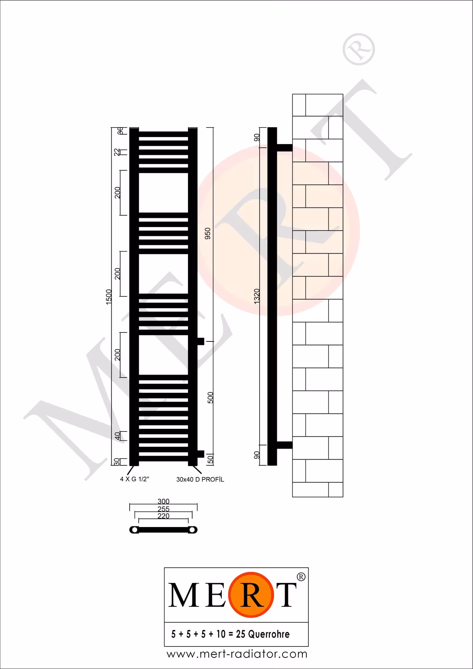 MERT Austausch Badheizkörper weiß gerade, 300*1500 mm, Anschluss an der Seite 500 mm von MERT mit der Artikelnr. 1-30x150-ASR-50