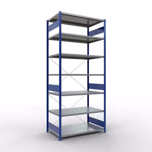 Grundregal, Fachbodenregal Stecksystem MULTIplus250, 3000 x 1300 x 800 mm (HxBxT), 7 Fachböden, Kreuzstrebe, RAL 5010 enzianblau/verzinkt aus der Kategorie Grundregal mit der Artikelnummer 12982-130-B