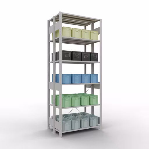 Grundregal, Doppelregal, Fachbodenregal Stecksystem MULTIplus150, 2500 x 1000 x (2x300) mm (HxBxT), 2x6 Fachböden, Kreuzstrebe, RAL 7035 lichtgrau von der Marke Schulte Lagertechnik aus der Produktreihe Fachbodenregale