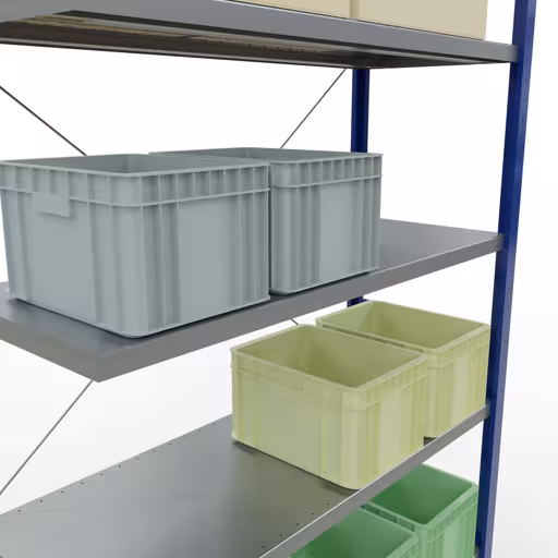 Zusatzbild des Artikels Anbauregal, Fachbodenregal Stecksystem MULTIplus250, 3000 x 1300 x 500 mm (HxBxT), 7 Fachböden, Kreuzstrebe, RAL 5010 enzianblau/verzinkt aus Anbauregal