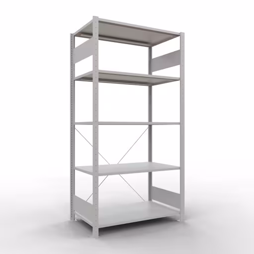Grundregal, Fachbodenregal Stecksystem MULTIplus150, 2000 x 1000 x 600 mm (HxBxT), 5 Fachböden, Kreuzstrebe, RAL 7035 lichtgrau aus der Kategorie Grundregal mit der Artikelnummer 32660