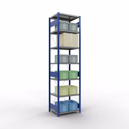 Produktbild Nr 12 des Artikels Grundregal, Fachbodenregal Stecksystem MULTIplus250, 3000 x 750 x 600 mm (HxBxT), 7 Fachböden, Kreuzstrebe, RAL 5010 enzianblau/verzinkt/verzinkt Abbildung Nr 12 des Artikels Grundregal, Fachbodenregal Stecksystem MULTIplus250, 3000 x 750 x 600 mm (HxBxT), 7 Fachböden, Kreuzstrebe, RAL 5010 enzianblau/verzinkt/verzinkt aus der Produktgruppe Stecksystem von der Marke Schulte Lagertechnik